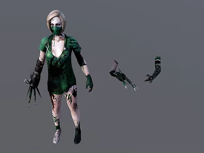 Game Movie Character With Green Tattered Outfit Mask And Detached Mechanical Sharp Claws 3d model