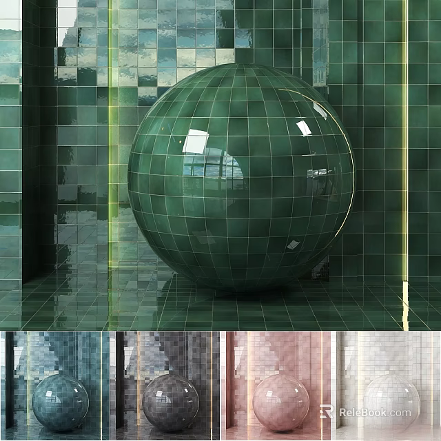 Green Tiled Sphere Structure with Green Tiled Wall and Floor and Various Colored Tile Variations 3d model 