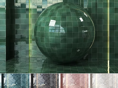 Green Tiled Sphere Structure with Green Tiled Wall and Floor and Various Colored Tile Variations 3d model