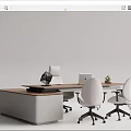 Modern Wooden Office Desk With Laptop Ergonomic Chairs Side Cabinet And Small Plant