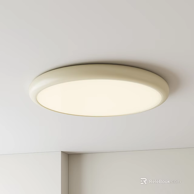 White Round Flush Mount Ceiling Light Illuminated With Soft Glow On White Ceiling And Walls 3d model 