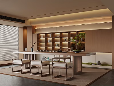 Modern Tea Room Interior With Wooden Table Chairs Shelves And Green Plants 3d model