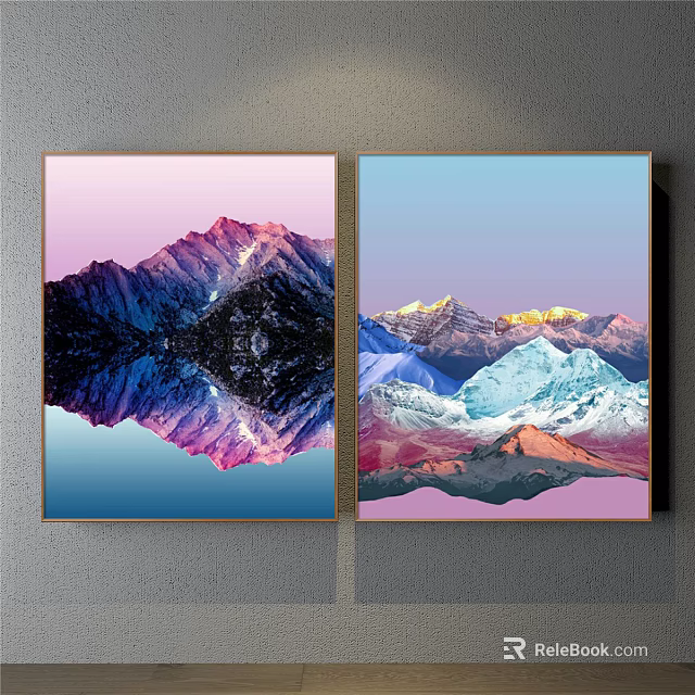 Scenic Mountain Landscape Painting With Snow Capped Peaks And Colorful Reflections 3d model 