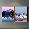 Scenic Mountain Landscape Painting With Snow Capped Peaks And Colorful Reflections