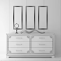 Elegant White Console Side Cabinet with Golden Handles and Three Framed Paintings Above