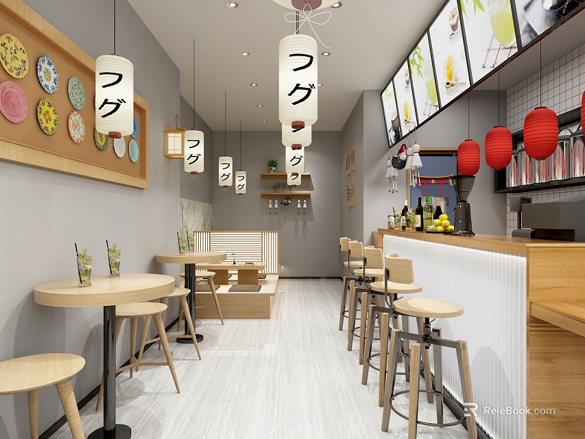 Modern Bubble Tea Shop Interior With Japanese Lanterns Menu Posters Round Tables And High Stools 3d model 
