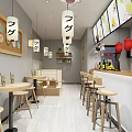 Modern Bubble Tea Shop Interior With Japanese Lanterns Menu Posters Round Tables And High Stools