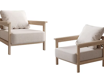 Light Colored Fabric Single Armchairs with Wooden Frame and Soft Cushions 3d model