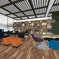 Modern Casual Lounge Interior With Colorful Sofas Chairs Coffee Tables And Bookshelves