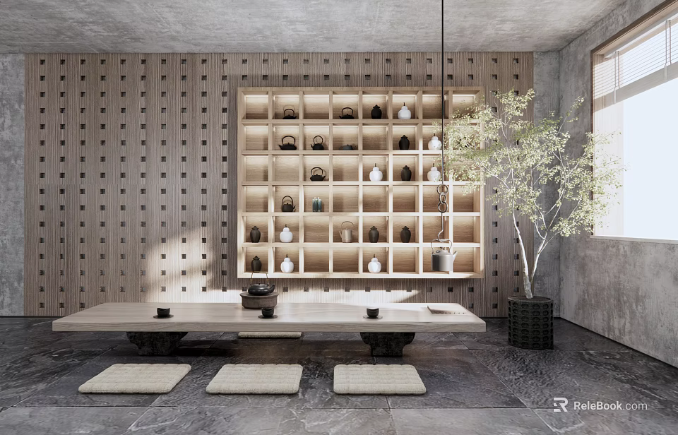 Traditional Wooden Tea Room Interior With Shelf Of Tea Sets Tatami Mats And Green Plant 3d model 