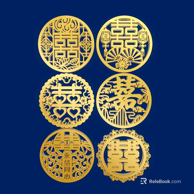 Golden Circular Double Happiness Symbol Hanging Decorations with Traditional Patterns for Wedding 3d model 
