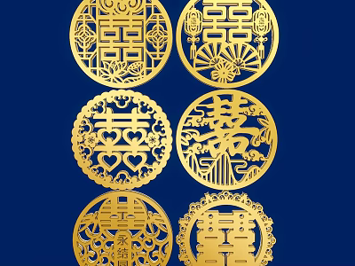 Golden Circular Double Happiness Symbol Hanging Decorations with Traditional Patterns for Wedding 3d model