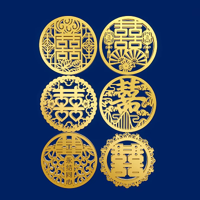 Golden Circular Double Happiness Symbol Hanging Decorations with Traditional Patterns for Wedding 3d model