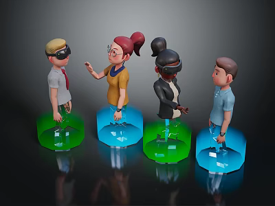 Stylized 3D Characters Standing On Green And Blue Platforms With Varied Hairstyles And Outfits 3d model