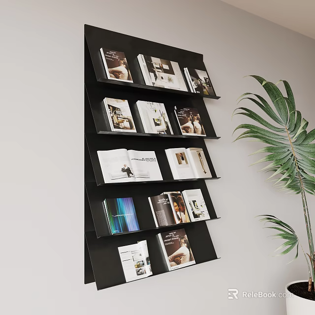 Black Layered Display Shelf With Magazines Green Plant And Light Background 3d model 