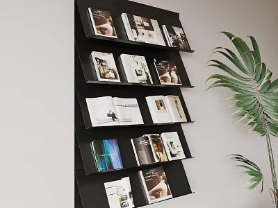 Black Layered Display Shelf With Magazines Green Plant And Light Background 3d model