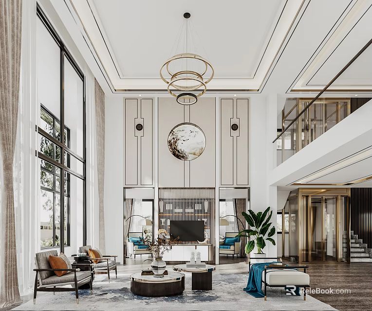 Duplex Living Room Interior Design With Large Windows Round Decor Chandelier Green Plant And Staircase 3d model 