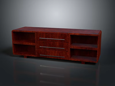 Dark Red Wooden TV Stand With Drawers And Open Shelves Design 3d model