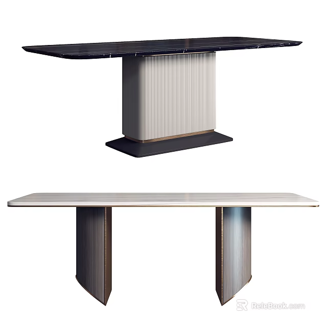 Modern Minimalist Dining Table With Sleek Black Top And Ribbed Metal Legs 3d model 