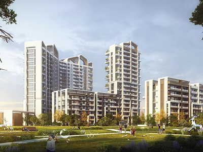 Modern High Rise Residential Buildings Featuring Green Lawns Park And People Walking In Serene Surroundings 3d model