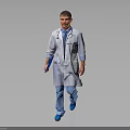 Man Doctor Wearing White Lab Coat Holding Blue Clipboard Walking On Gray Background