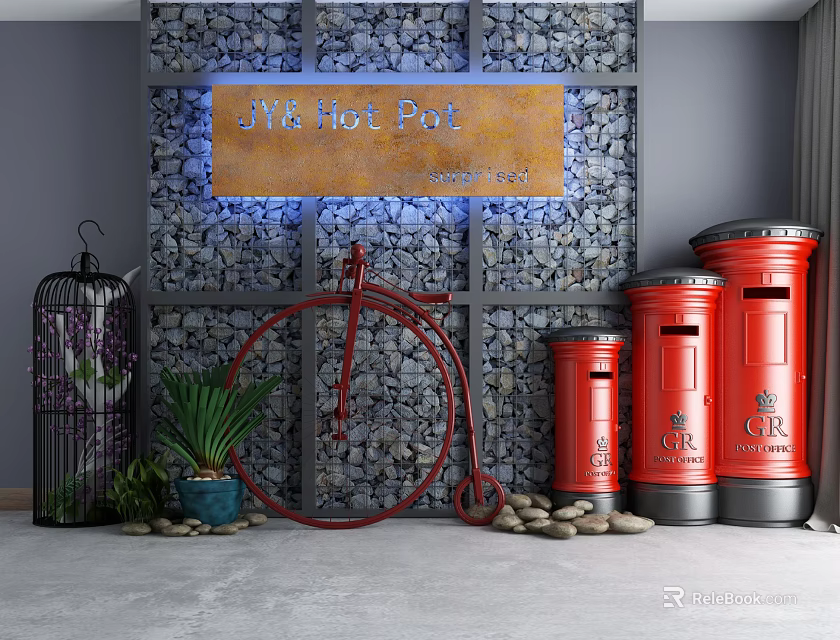THE Hot Pot Window Display Featuring Red Bicycle Post Boxes Birdcage Green Plants Stone Wall 3d model