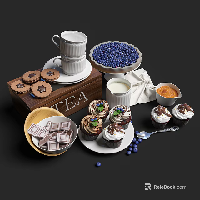 Delicious Dessert Spread with Cupcakes Blueberry Pie Cookies Chocolate Tea Cup Milk and Sauce 3d model 