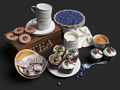 Delicious Dessert Spread with Cupcakes Blueberry Pie Cookies Chocolate Tea Cup Milk and Sauce 3d model