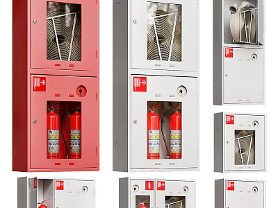 Fire Equipment Cabinets With Fire Extinguishers And Hoses In Various Red And White Styles 3d model