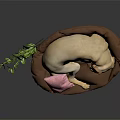 Yellow Labrador Retriever Lying Comfortably On Brown Dog Bed With Pink Pillow And Green Plant