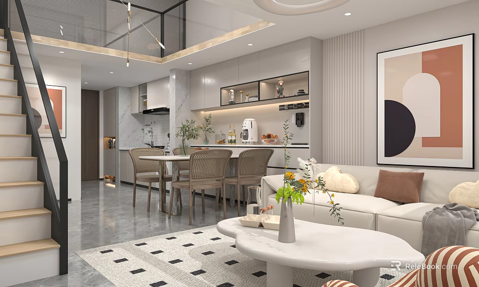 Modern Apartment Open Living Dining Kitchen Layout With Sofa Coffee Table And Decorative Painting 3d model 