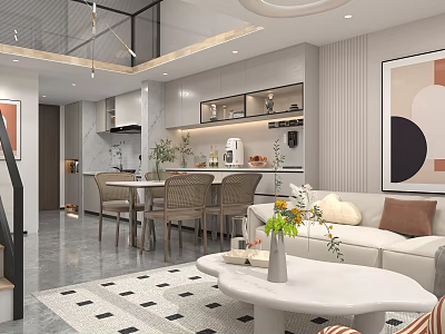 Modern Apartment Open Living Dining Kitchen Layout With Sofa Coffee Table And Decorative Painting 3d model