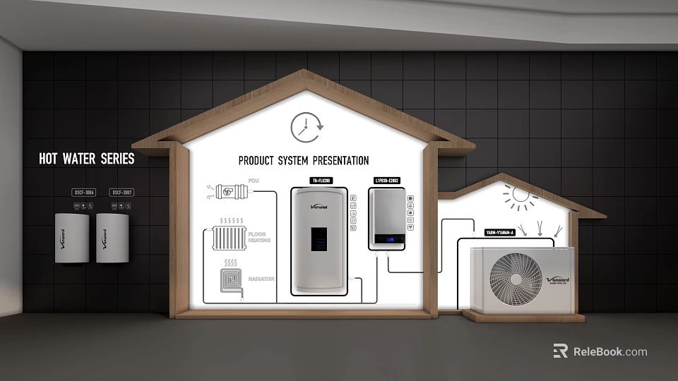 Black Tile Background Wall With Wooden House Shaped Product System Display And Equipment Diagrams 3d model 