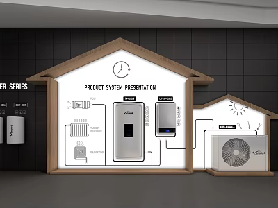 Black Tile Background Wall With Wooden House Shaped Product System Display And Equipment Diagrams 3d model
