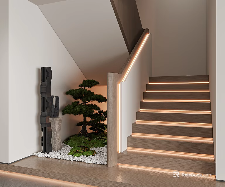 Modern Wooden Staircase Interior With Illuminated Riser Small Bonsai Tree And Decorative Sculpture 3d model 