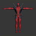 Deadpool Character in Red and Black Costume with Arms Outstretched Holding Katanas