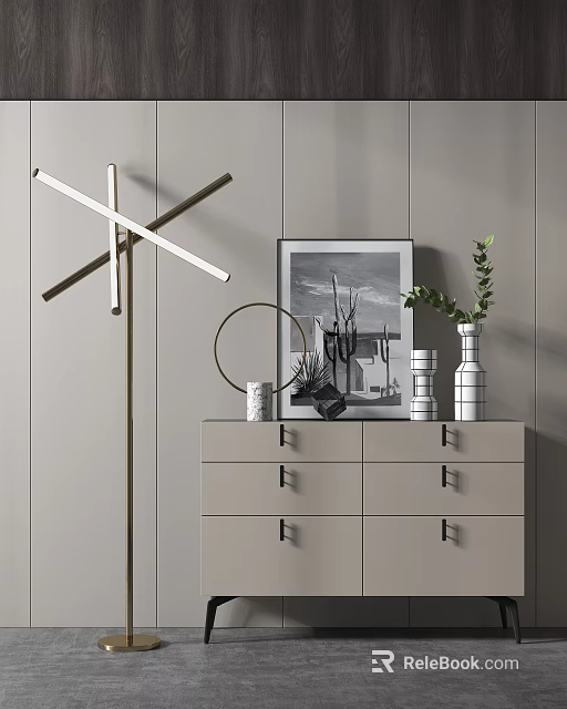 Modern Grey Console Cabinet Sideboard With Photo Frame Vase Green Plant And Floor Lamp 3d model 