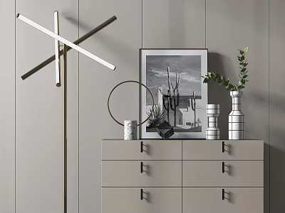 Modern Grey Console Cabinet Sideboard With Photo Frame Vase Green Plant And Floor Lamp 3d model