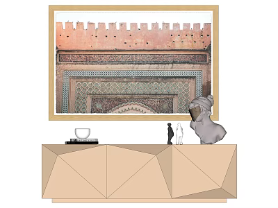 Traditional Pattern Wall Art Above Modern Cabinet With White Bowl Books Figurines And Sculpture 3d model
