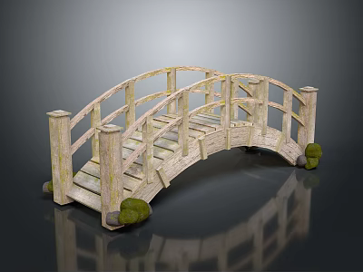 Arched Wooden Bridge With Rustic Railings And Green Accents On Dark Background 3d model