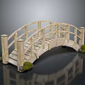 Arched Wooden Bridge With Rustic Railings And Green Accents On Dark Background