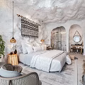 Cave Style Hotel Room With White Interior Wooden Bed TV Plant And Tapestry Decor