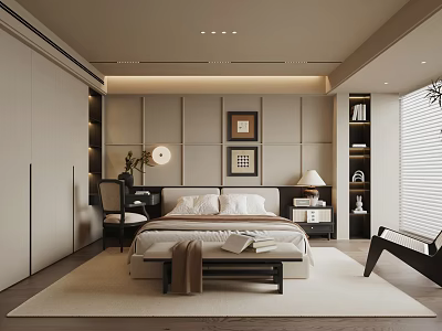 Modern Bedroom Interior With Bed Nightstands Wardrobe Wall Art And Area Rug 3d model