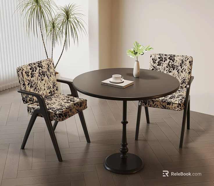 Stylish Black Round Dining Table Set With Patterned Chairs And Vase On Wooden Floor 3d model 