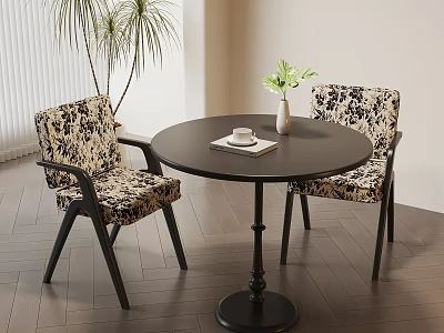Stylish Black Round Dining Table Set With Patterned Chairs And Vase On Wooden Floor 3d model