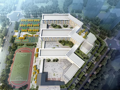 Aerial View Of Modern School Campus With Sports Field And Greenery 3d model