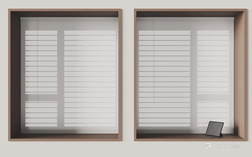 White Window Blinds Installed on Wooden Frame Windows with Small Tablet on Sill 3d model