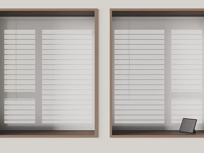 White Window Blinds Installed on Wooden Frame Windows with Small Tablet on Sill 3d model
