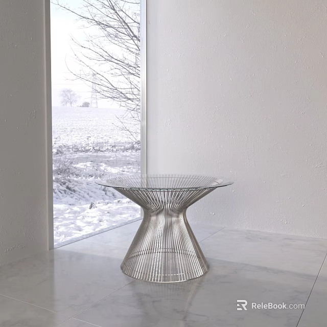 Minimalist White Background Wall With Glass Table And Snowy Window View On Marble Floor 3d model 