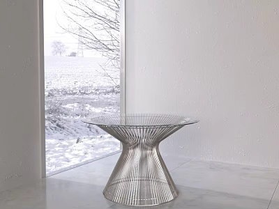 Minimalist White Background Wall With Glass Table And Snowy Window View On Marble Floor 3d model